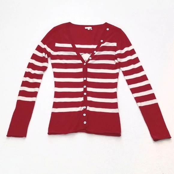 *Relisted* Cashmere & Silk Red White Stripe Long Sleeve Cardigan Skull on Back S - Picture 5 of 14